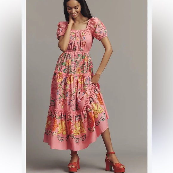 FARM Rio Dresses & Skirts - New Farm Rio x Anthropologie Tiered Puff Sleeve Midi Dress